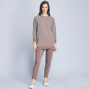 Uniqlo Ultra Stretch Stripes Top Pocket Pants Cotton Beige Brown Lounge Set XS